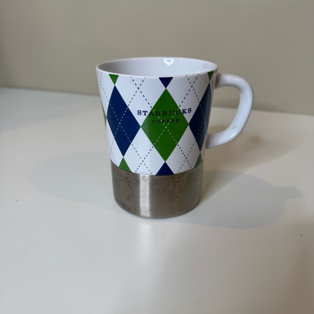 Starbucks Mug Stainless Steel-Argyle Diamond Blue Green 2006 VTG